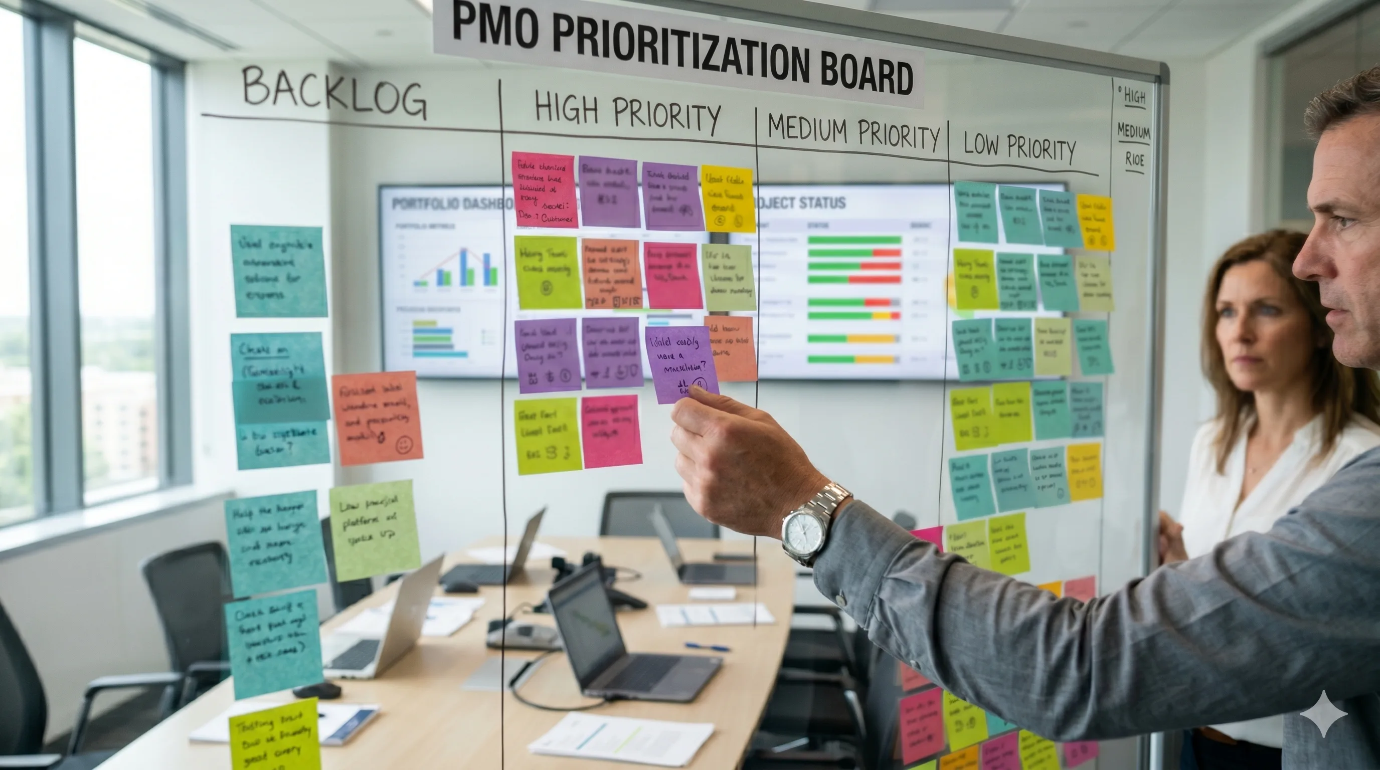 PMO-Team priorisiert Projekt-Karten an einem Backlog-Board mit High/Medium/Low-Priority-Spalten
