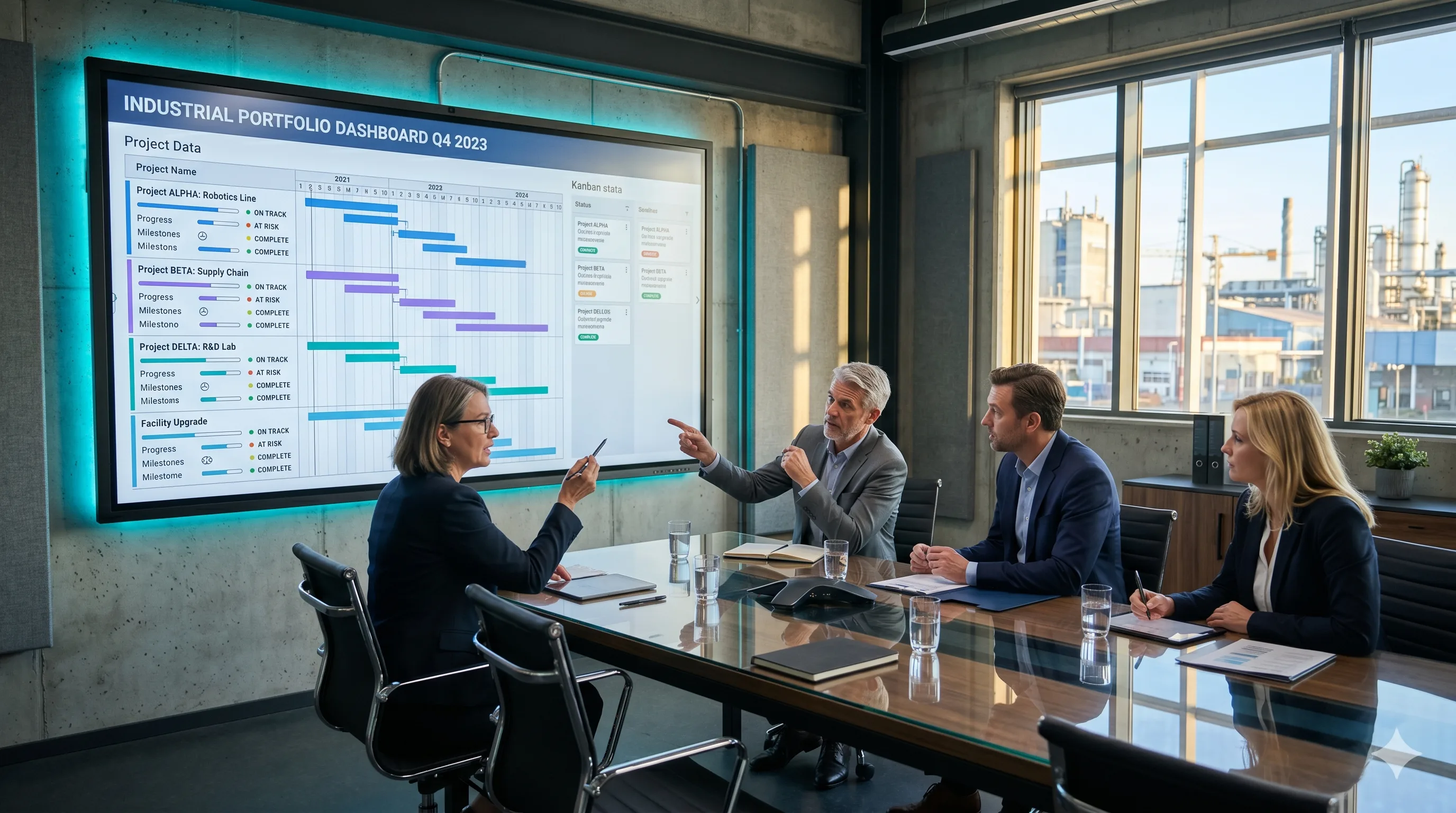 Führungsteam diskutiert ein industrielles Portfolio-Dashboard mit Gantt-Charts und Kanban-Status im Konferenzraum