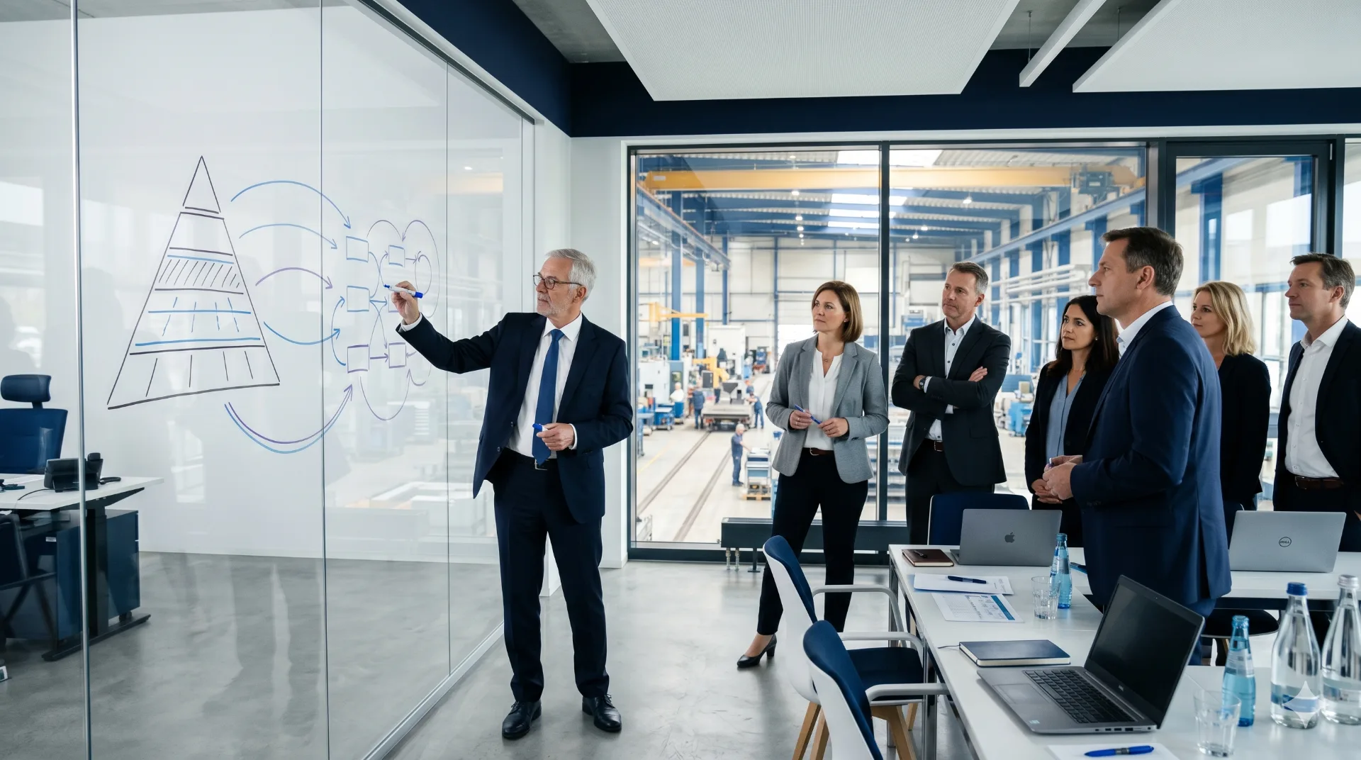 Senior-Berater skizziert ein hybrides Operating Model an einer Glaswand vor Werkshalle, Führungsteam verfolgt die Erläuterung