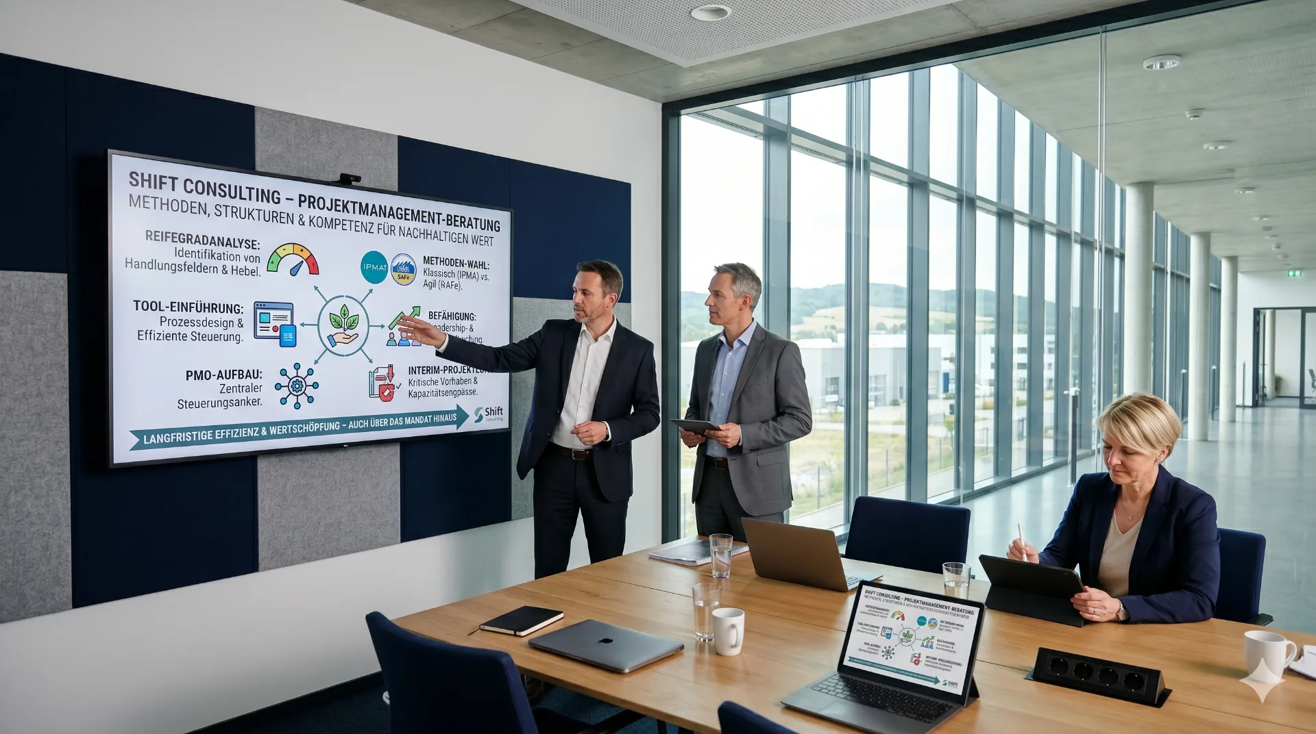 Zwei Projektleiter besprechen vor einem Wand-Display einen Gantt-Chart mit mehreren Projektphasen, eine Kollegin macht Notizen am Tablet